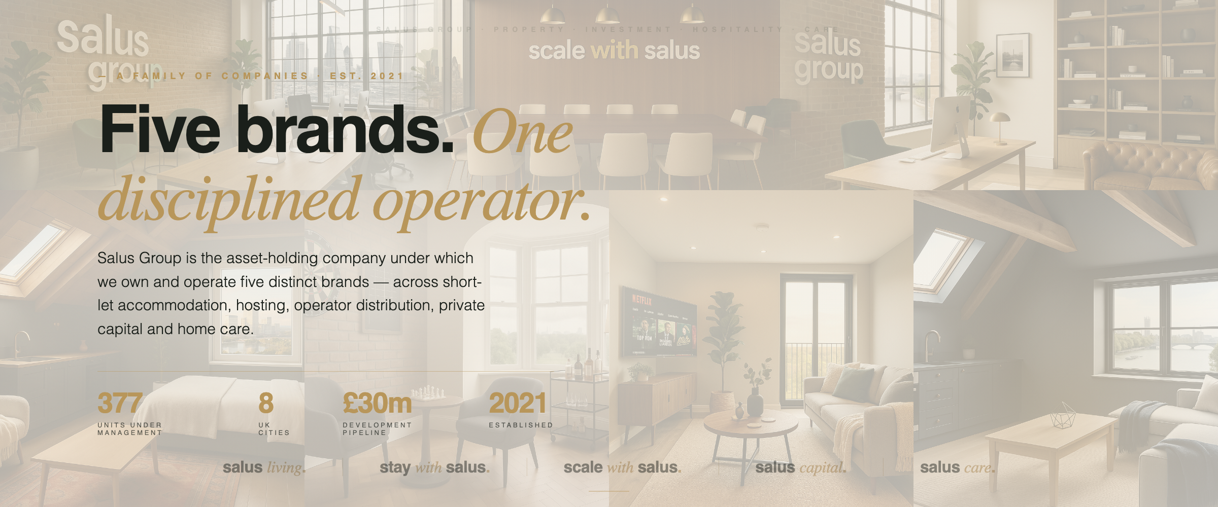 Salus Group — A Family of Companies. Est. 2021. Five brands. One disciplined operator. 377 units under management. 8 UK cities. £30m development pipeline. Established 2021.