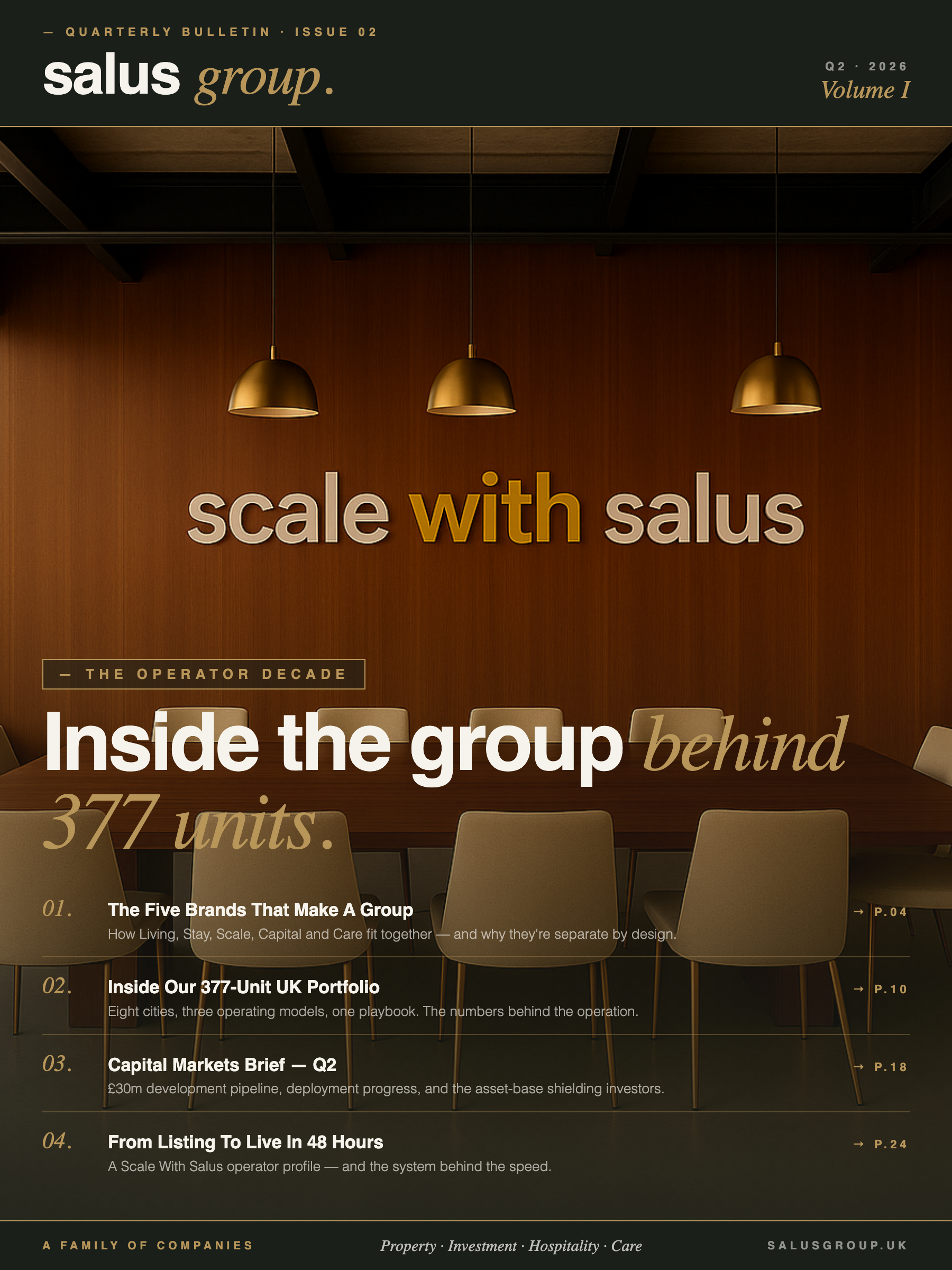 Salus Group Quarterly Bulletin — Issue 02, Q2 2026: Inside the group behind 377 units.